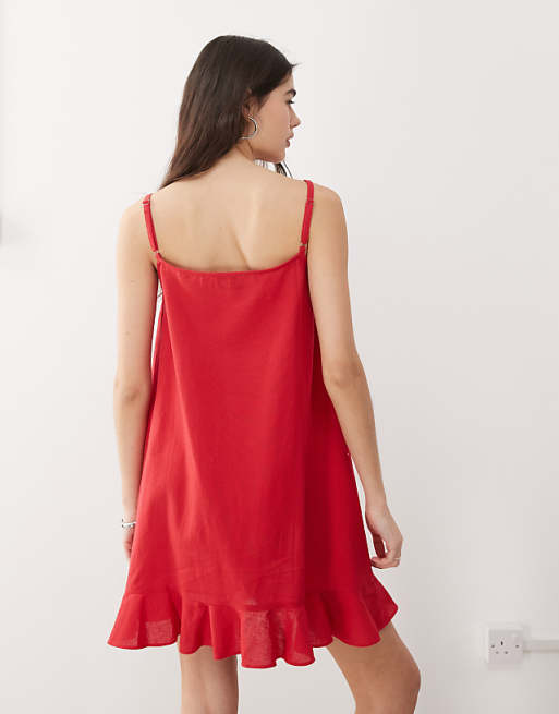 Asos COLLUSION Linen Look Babydoll Mini Dress In Red