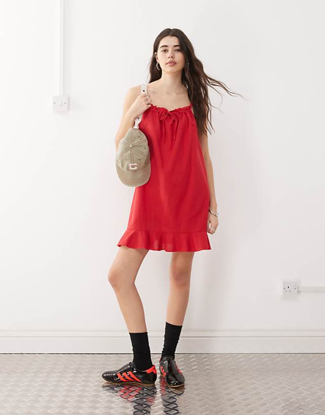 asos COLLUSION linen look babydoll mini dress in red