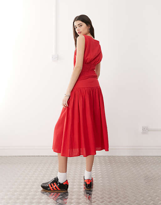 Asos COLLUSION Linen Look Drop Waist Midi Skirt Co-ord In Red - RED