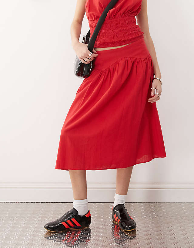 Asos COLLUSION Linen Look Drop Waist Midi Skirt Co-ord In Red - RED