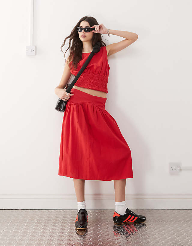 asos COLLUSION linen look drop waist midi skirt co-ord in red - RED
