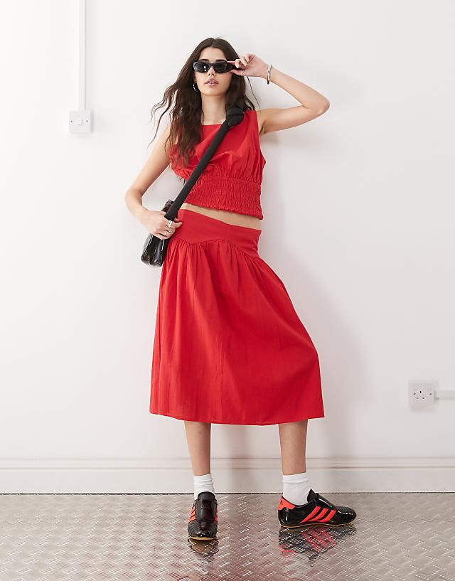 Asos COLLUSION Linen Look Shirred Waist Top Co-ord In Red