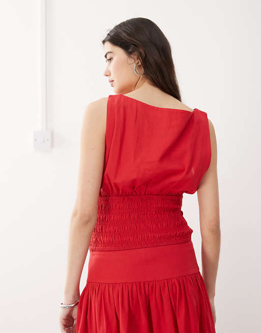 Asos COLLUSION Linen Look Shirred Waist Top Co-ord In Red