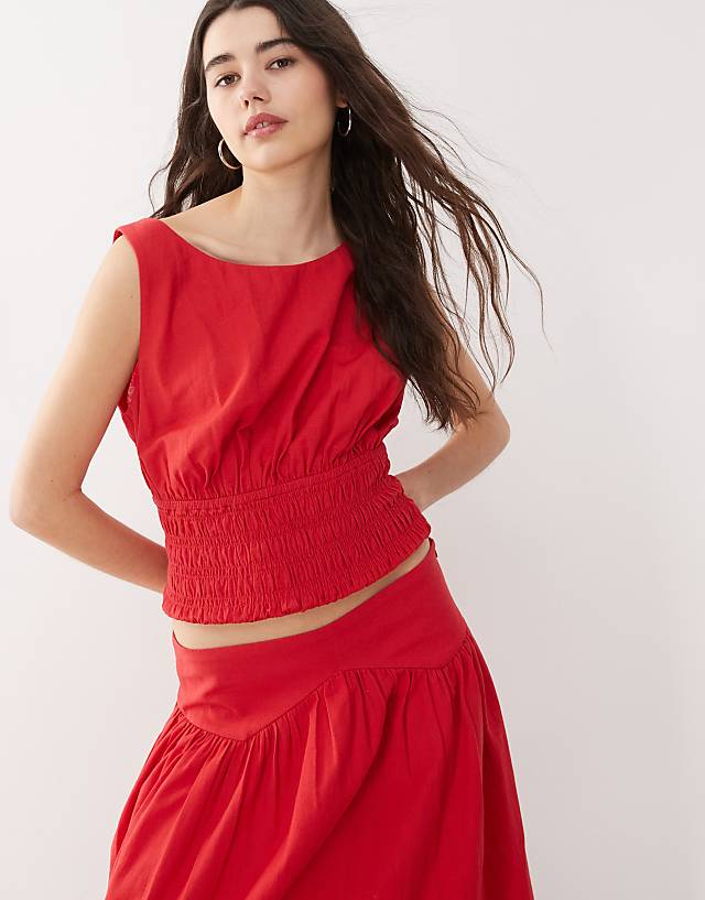 asos COLLUSION linen look shirred waist top co-ord in red