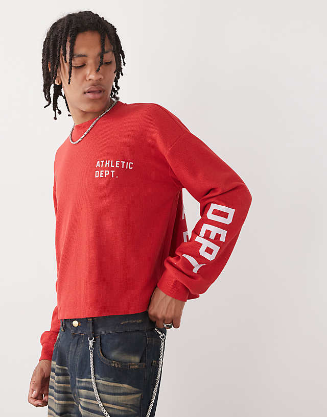 Asos COLLUSION Long Sleeve Skater Fit T-shirt With Athletic Print In Red