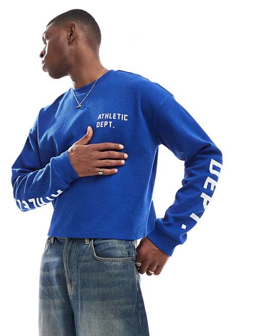 Asos COLLUSION Long Sleeve Skater Fit T-shirt With Athletic Print In Blue
