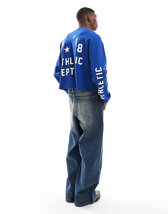 Asos COLLUSION Long Sleeve Skater Fit T-shirt With Athletic Print In Blue