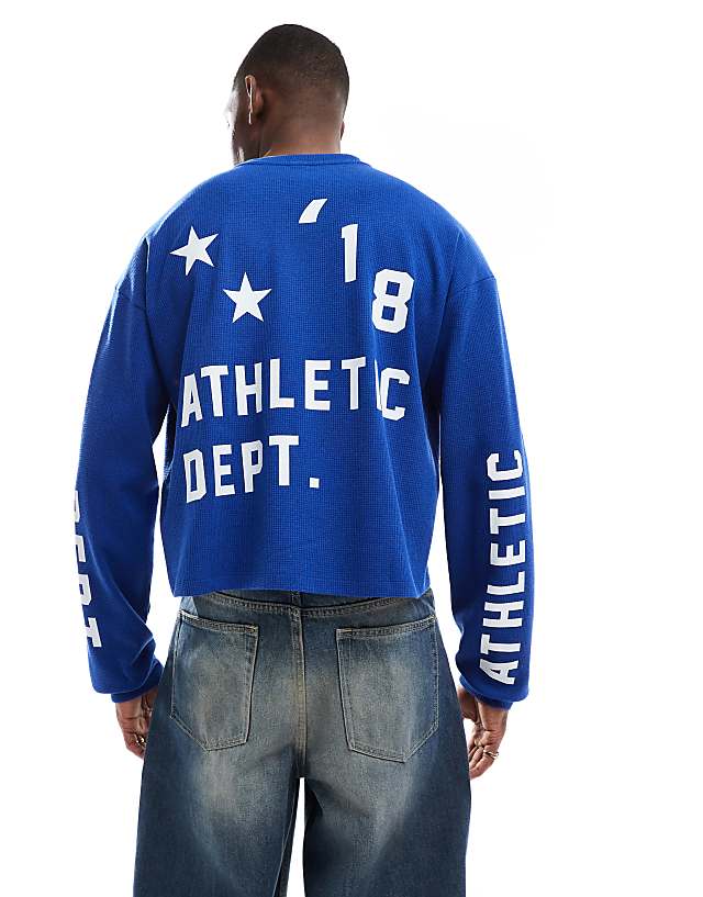 asos COLLUSION Long sleeve skater fit t-shirt with athletic print in blue