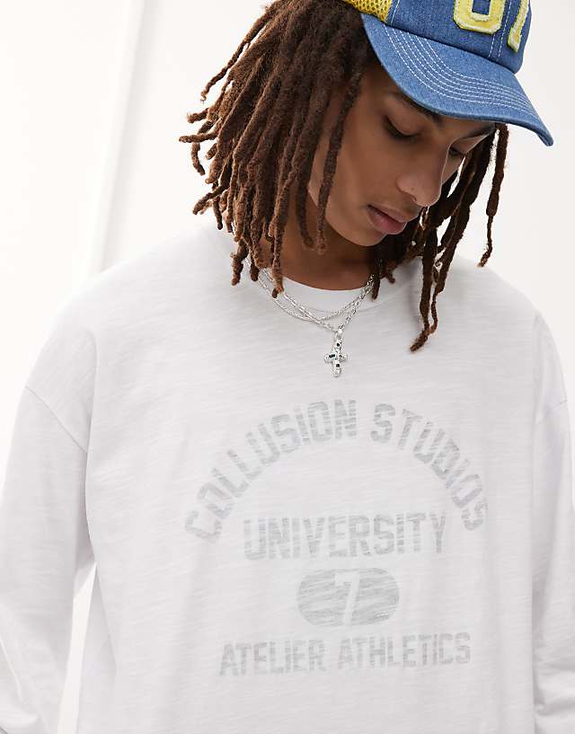 Asos COLLUSION Long Sleeve T-shirt In White Slub Fabric With Print