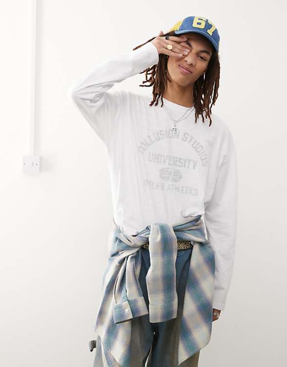 asos COLLUSION Long sleeve t-shirt in white slub fabric with print