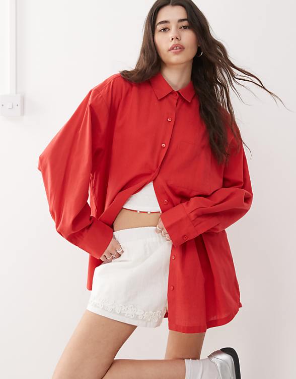 asos COLLUSION oversized linen look shirt in red - RED
