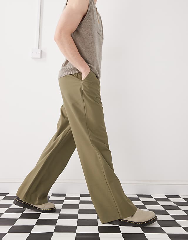Asos COLLUSION Relaxed Wide Leg Tailored Trousers In Khaki