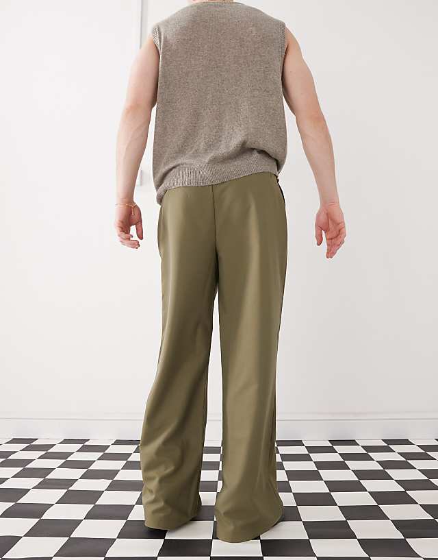 Asos COLLUSION Relaxed Wide Leg Tailored Trousers In Khaki