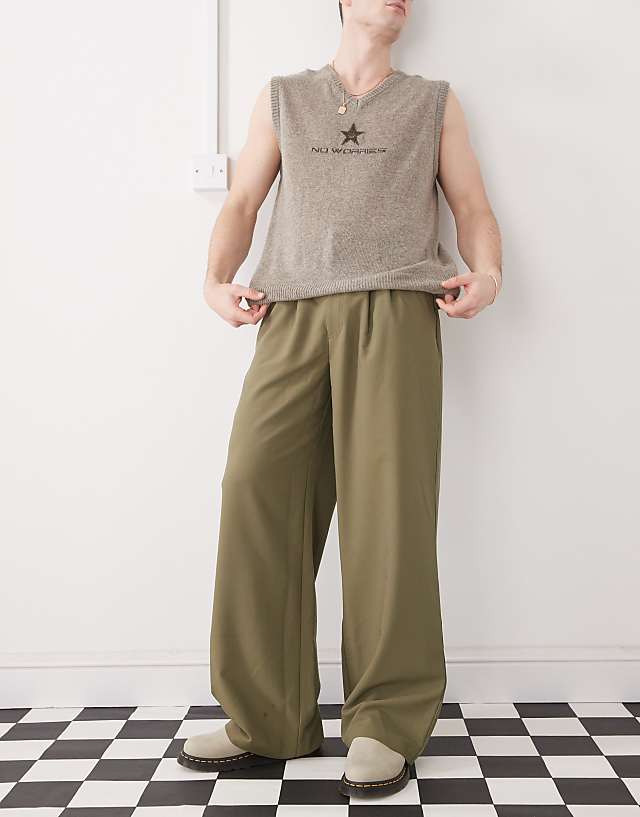 asos COLLUSION relaxed wide leg tailored trousers in khaki