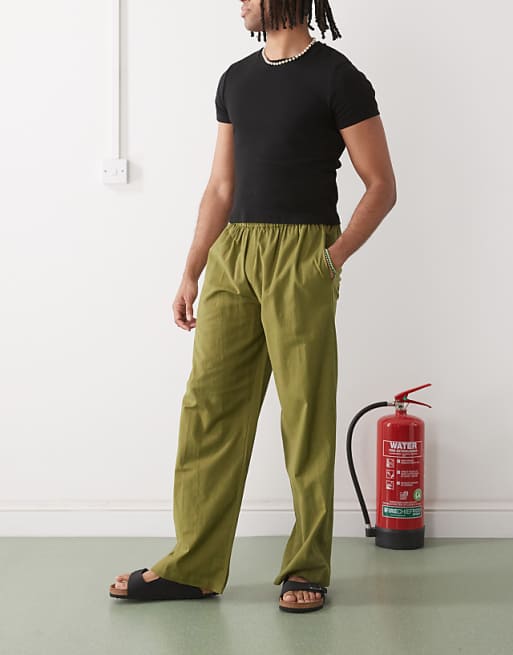 Asos COLLUSION Relaxed Woven Trouser With Linen In Khaki - KHAKI
