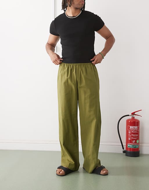 asos COLLUSION relaxed woven trouser with linen in khaki - KHAKI
