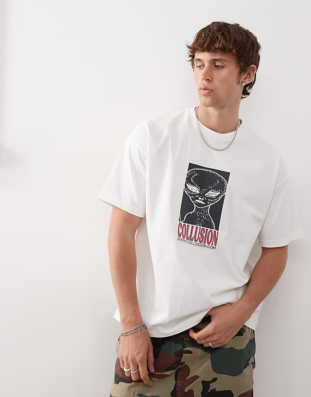 Asos COLLUSION Skater Fit T-shirt In White With Alien Print
