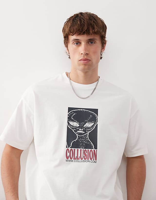Asos COLLUSION Skater Fit T-shirt In White With Alien Print