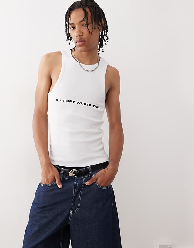 Asos COLLUSION Slogan CHAT GPT Festival Muscle Vest In Grey