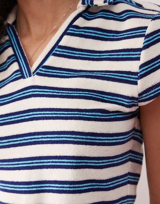 Asos COLLUSION Towelling Striped Polo Top Co-ord In Blue