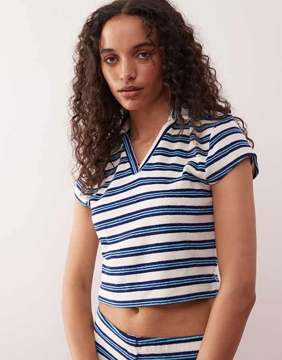 asos COLLUSION towelling striped polo top co-ord in blue