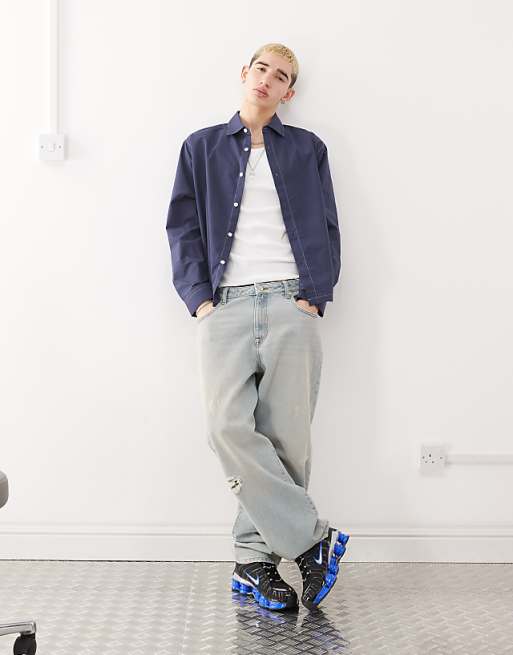 Asos COLLUSION Twill Long Sleeve Shirt With Contrast Stitch In Navy