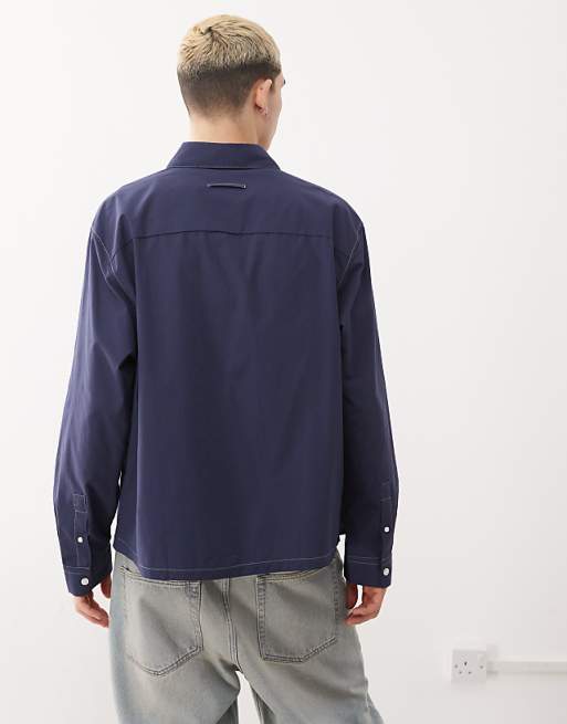 Asos COLLUSION Twill Long Sleeve Shirt With Contrast Stitch In Navy