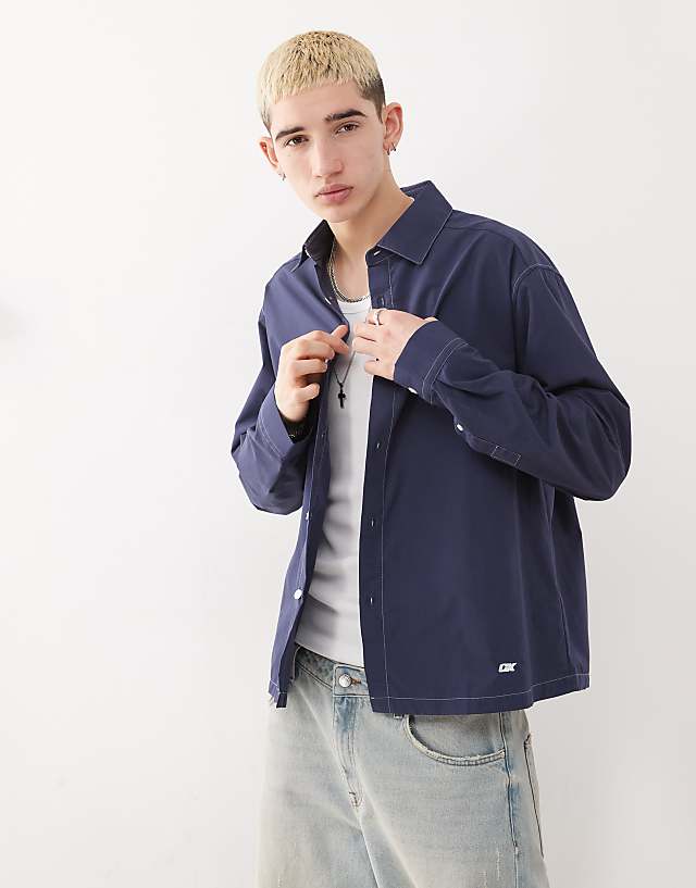 asos COLLUSION twill long sleeve shirt with contrast stitch in navy