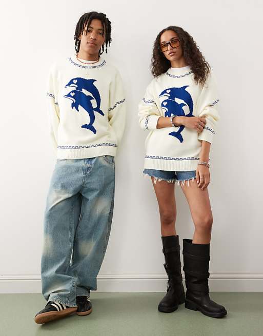 Asos COLLUSION Unisex Dolphin Print Knitted Boxy Jumper