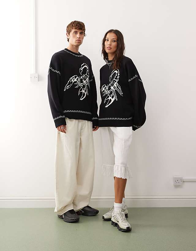 asos COLLUSION Unisex jumper in charcoal blue with scorpion print