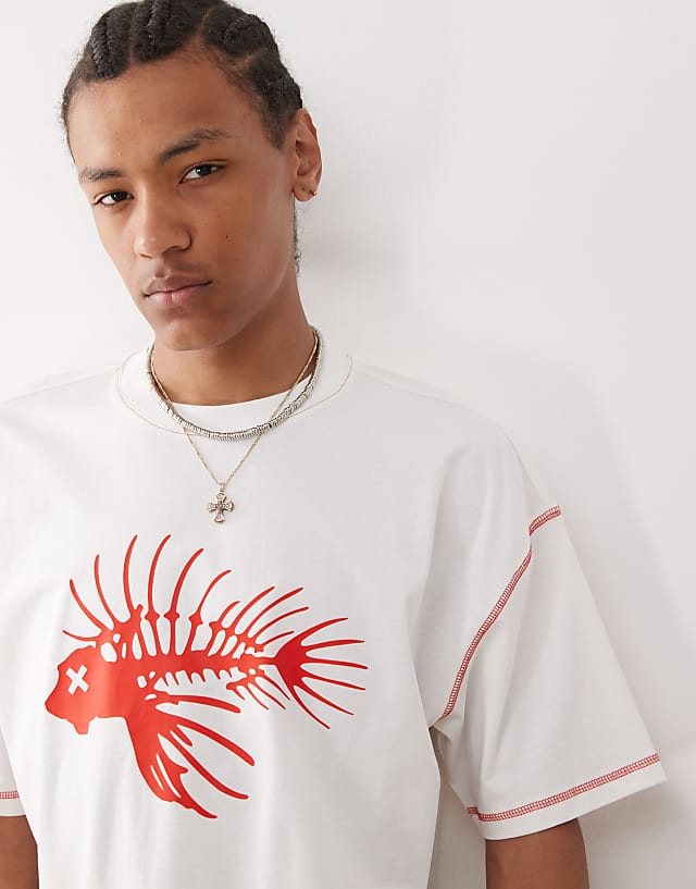 Asos COLLUSION Unisex Printed White T-shirt With Seam Detail And Fish Print