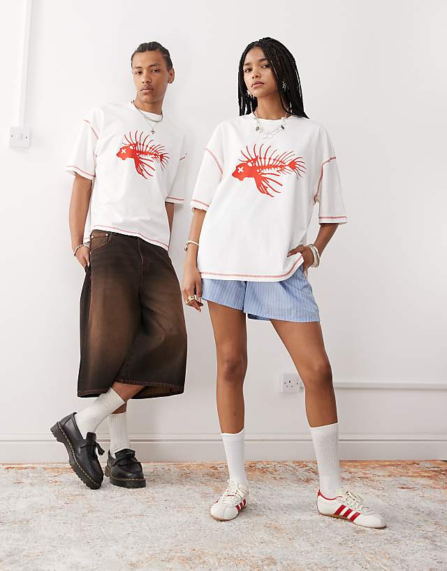 Asos COLLUSION Unisex Printed White T-shirt With Seam Detail And Fish Print