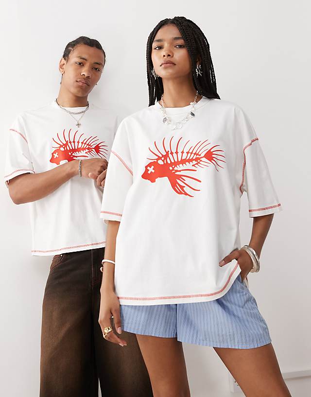 asos COLLUSION Unisex printed white t-shirt with seam detail and fish print
