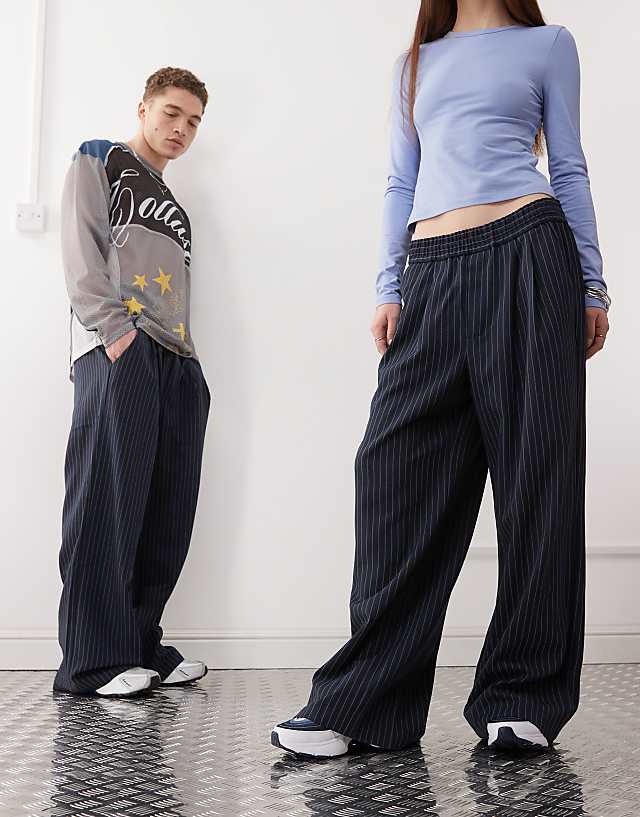 Asos COLLUSION Unisex Relaxed Pull On Stripe Trousers In Blue