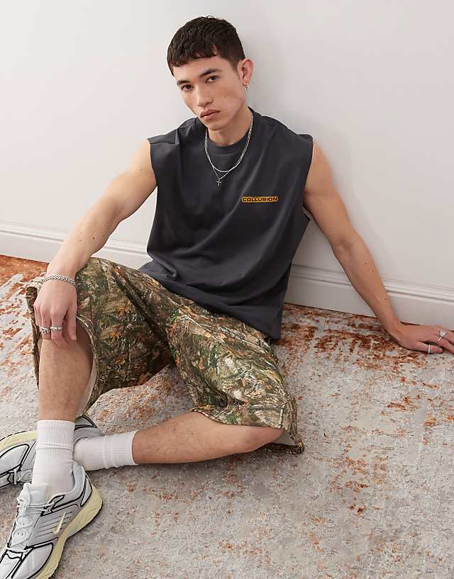 Asos COLLUSION Washed Black Tank Vest Top With Print