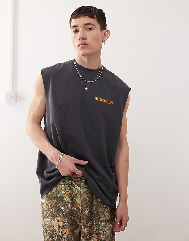 Asos COLLUSION Washed Black Tank Vest Top With Print