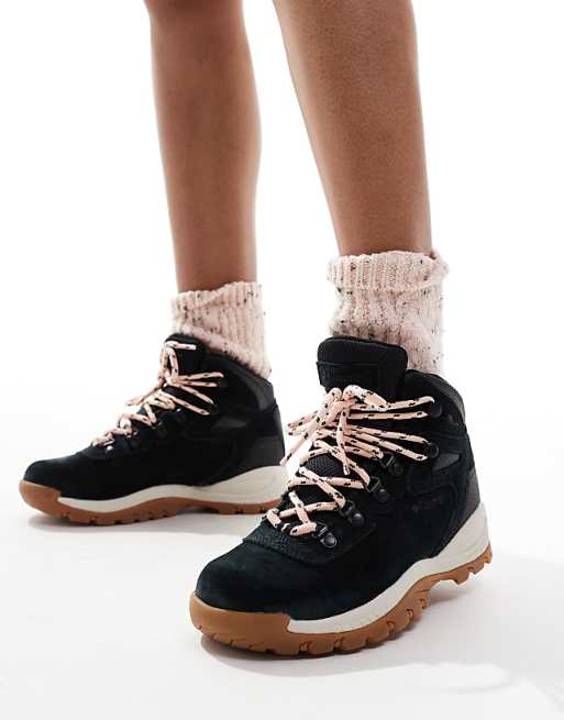 Asos Columbia Newton Ridge Plus Waterproof Hiking Boots In Black And Blush Rose