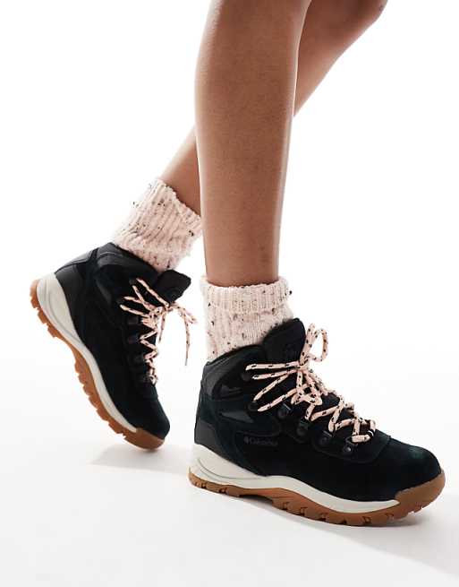 asos Columbia Newton Ridge Plus waterproof hiking boots in black and blush rose