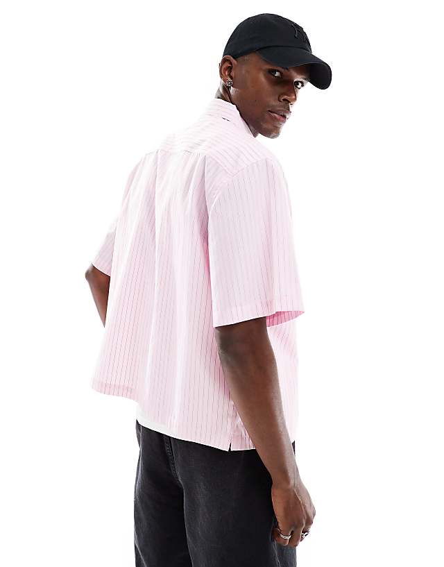 Asos Cotton On Boxy Fit Short Sleeve Shirt In Pink Stripe