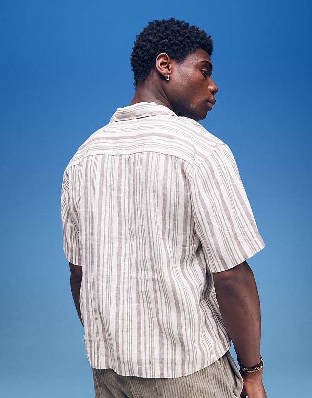 Asos Cotton On Linen Box Fit Short Sleeve Shirt In Cream Stripe