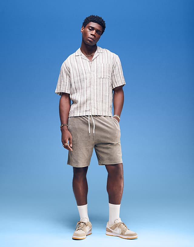 Asos Cotton On Linen Box Fit Short Sleeve Shirt In Cream Stripe