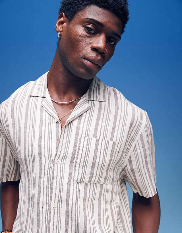 Asos Cotton On Linen Box Fit Short Sleeve Shirt In Cream Stripe