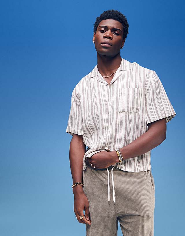 asos Cotton On linen box fit short sleeve shirt in cream stripe