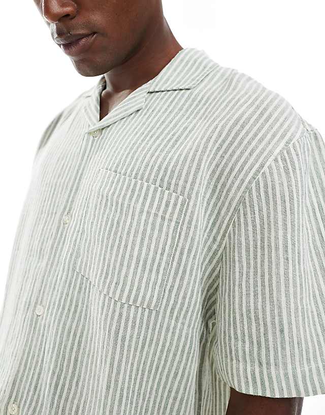 Asos Cotton On Linen Box Fit Short Sleeve Shirt In Seafoam Stripe
