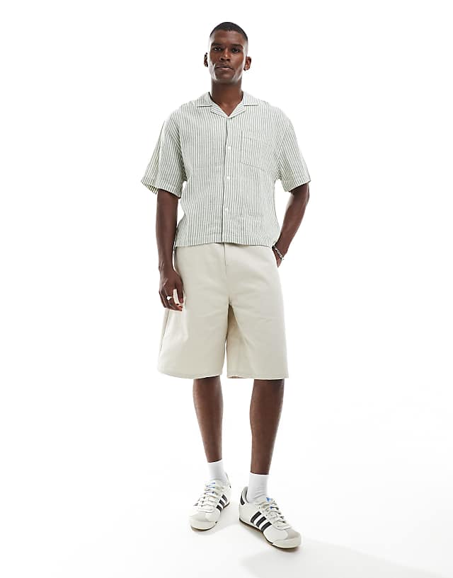 Asos Cotton On Linen Box Fit Short Sleeve Shirt In Seafoam Stripe