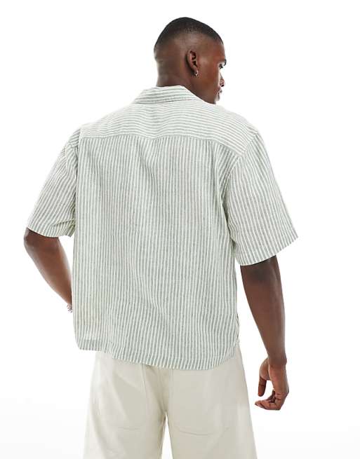 Asos Cotton On Linen Box Fit Short Sleeve Shirt In Seafoam Stripe