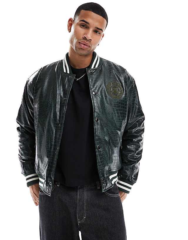 Asos Criminal Damage Crocodile Varsity Jacket Green In Green