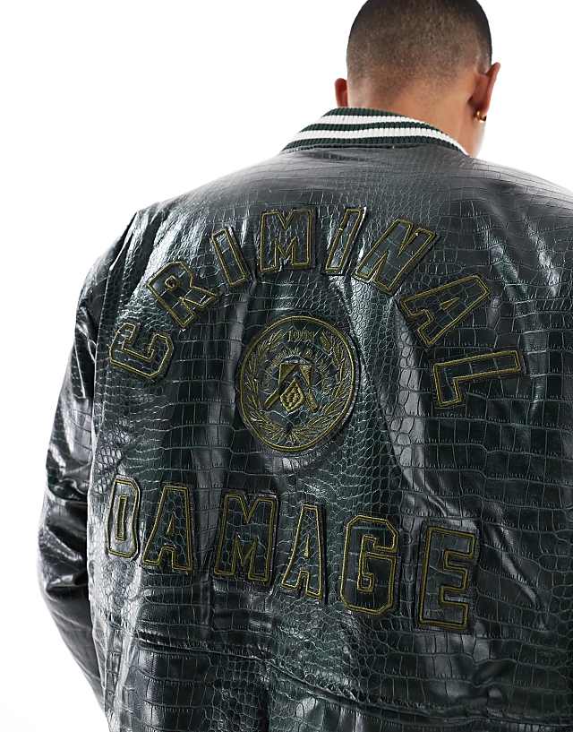 Asos Criminal Damage Crocodile Varsity Jacket Green In Green
