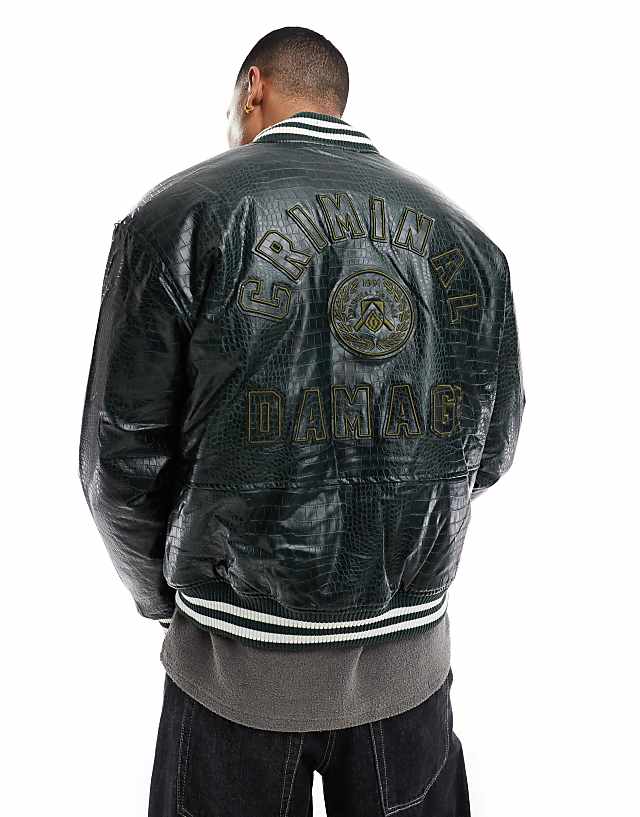 asos Criminal Damage Crocodile varsity jacket green in green