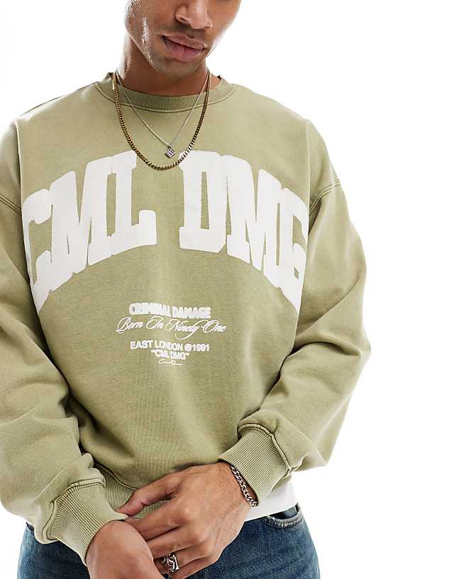 Asos Criminal Damage Icon Sweatshirt In Washed Green